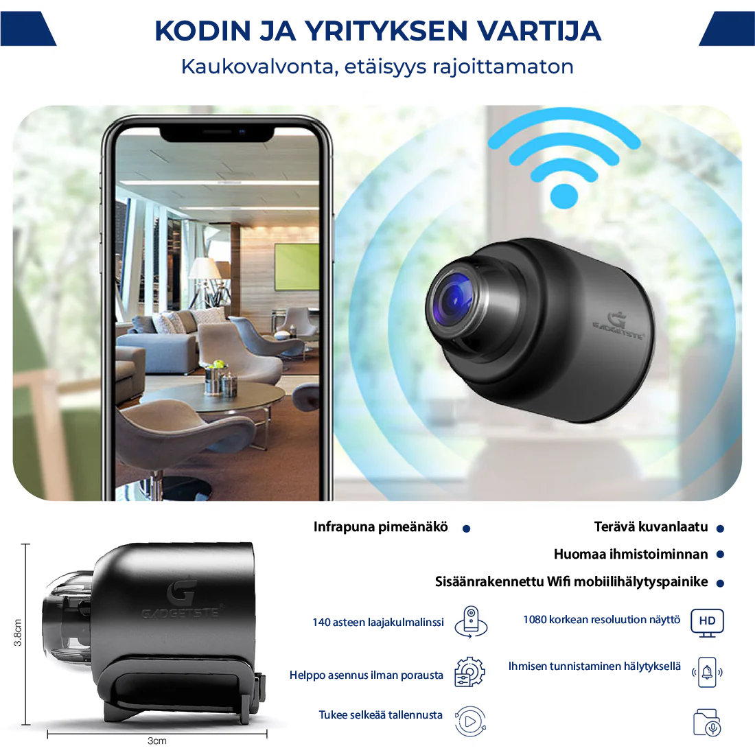 X5 Mini WiFi turvakamera - 1080P, yökuvaus, liiketunnistus