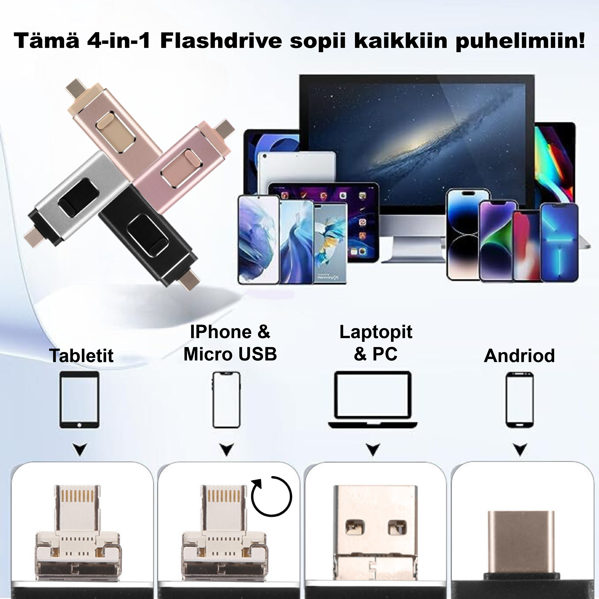 #4-in-1 Flash-muisti - Ei enää täysiä mobiililaitteita. Tämä sopii kaikkiin laitteisiin!