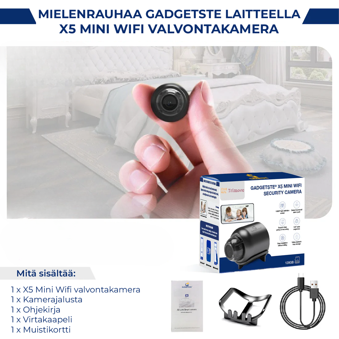 X5 Mini WiFi turvakamera - 1080P, yökuvaus, liiketunnistus