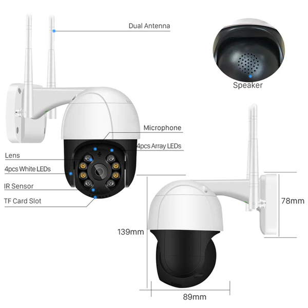 Ulkokäyttöön tarkoitettu IP-kamera | Full HD 1080P | Pan/Tilt | Yönäkö | Liikkeentunnistus | Vedenkestävä (IP66) | WiFi & LAN | SecuFirst-sovellus